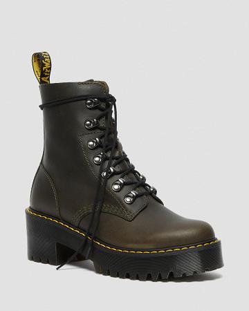 Brown Women's Dr Martens Leona Leather Heeled Boots | CA 141WNB